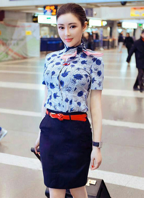 东航空姐制服职业套夏装青花瓷短袖衬衫女套装