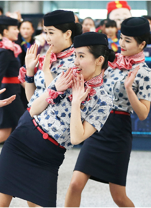 东航空姐制服职业套夏装青花瓷短袖衬衫女套装
